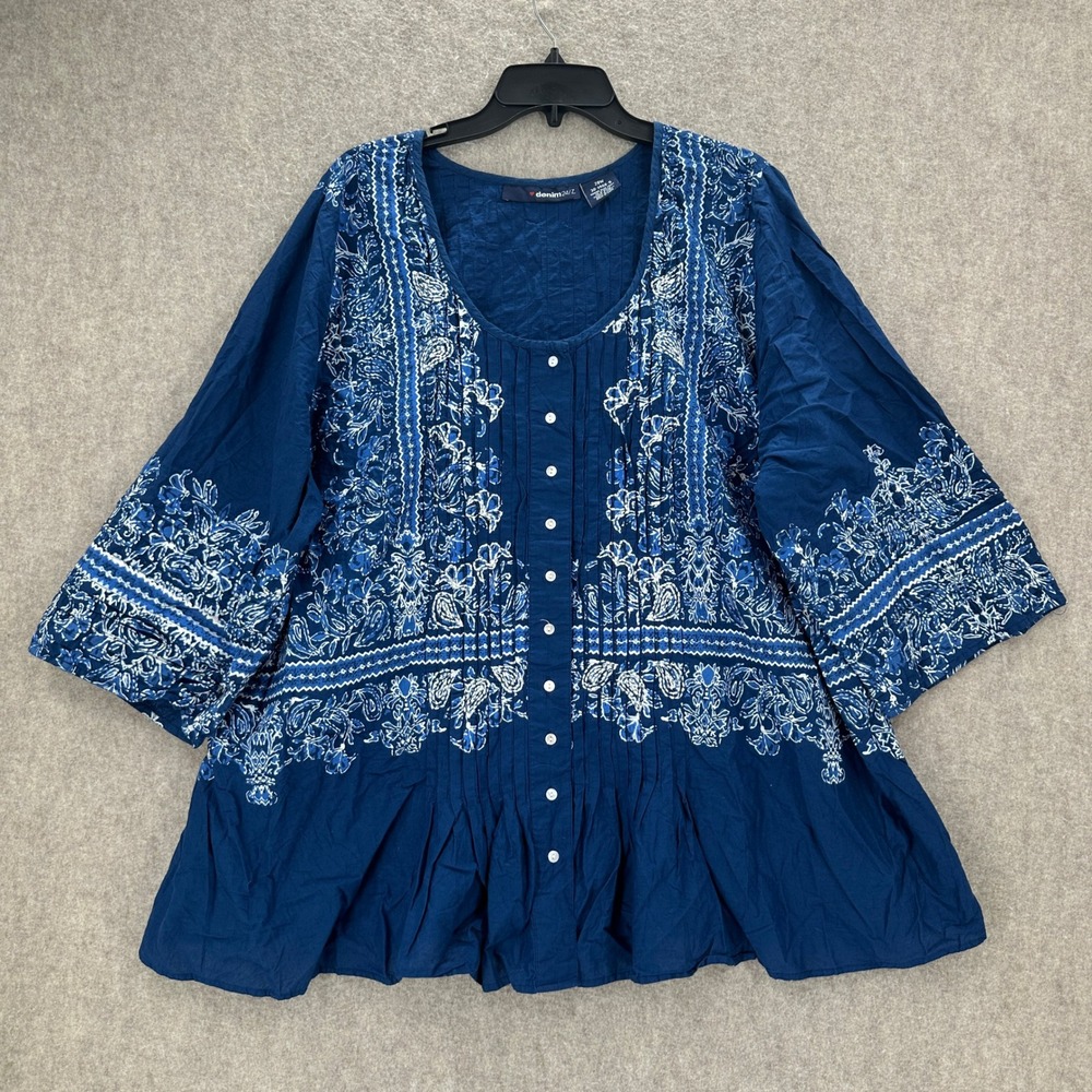 Denim 24/7 Marine Blue Paisley Pintuck Button Front Cotton Tunic Top 28W